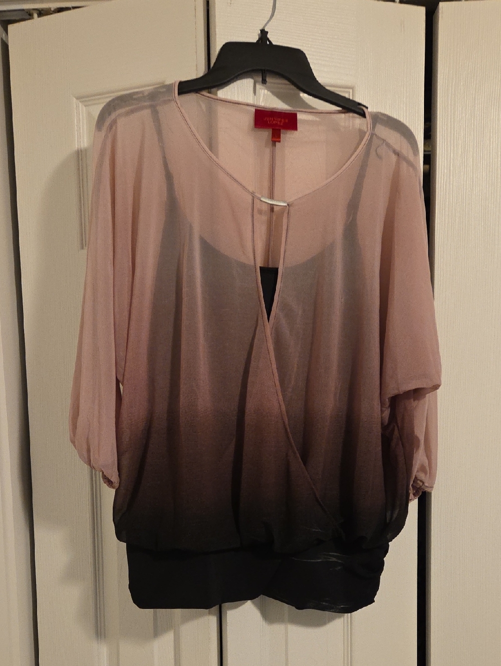 Jennifer Lopez Pink to Black Ombre Sheer Wrap Blouse